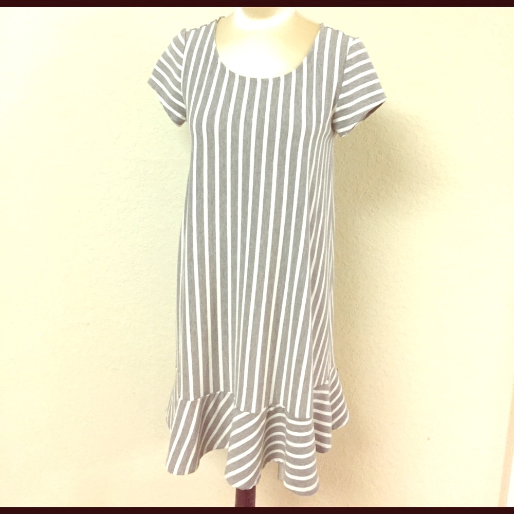 Grey White Striped Dress with Ruffle